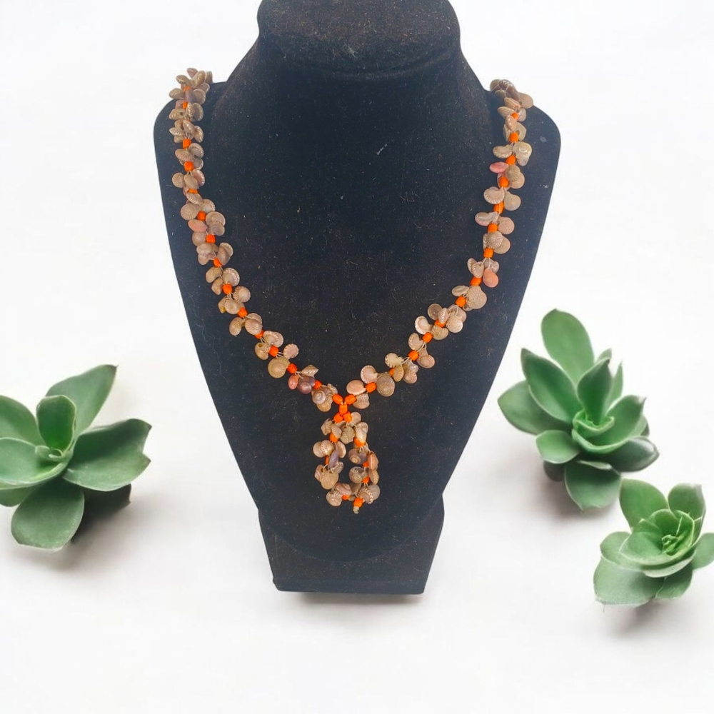 Artisan handmade Tribal Hawaiian COWRIE SHELL NECKLACE beach wear Orange Long